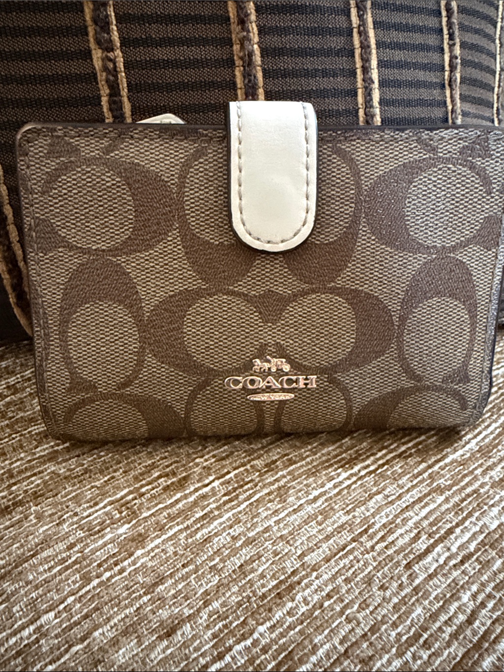 Coach Brown Monogram Canvas Wallet With White Leather And Tab Accent